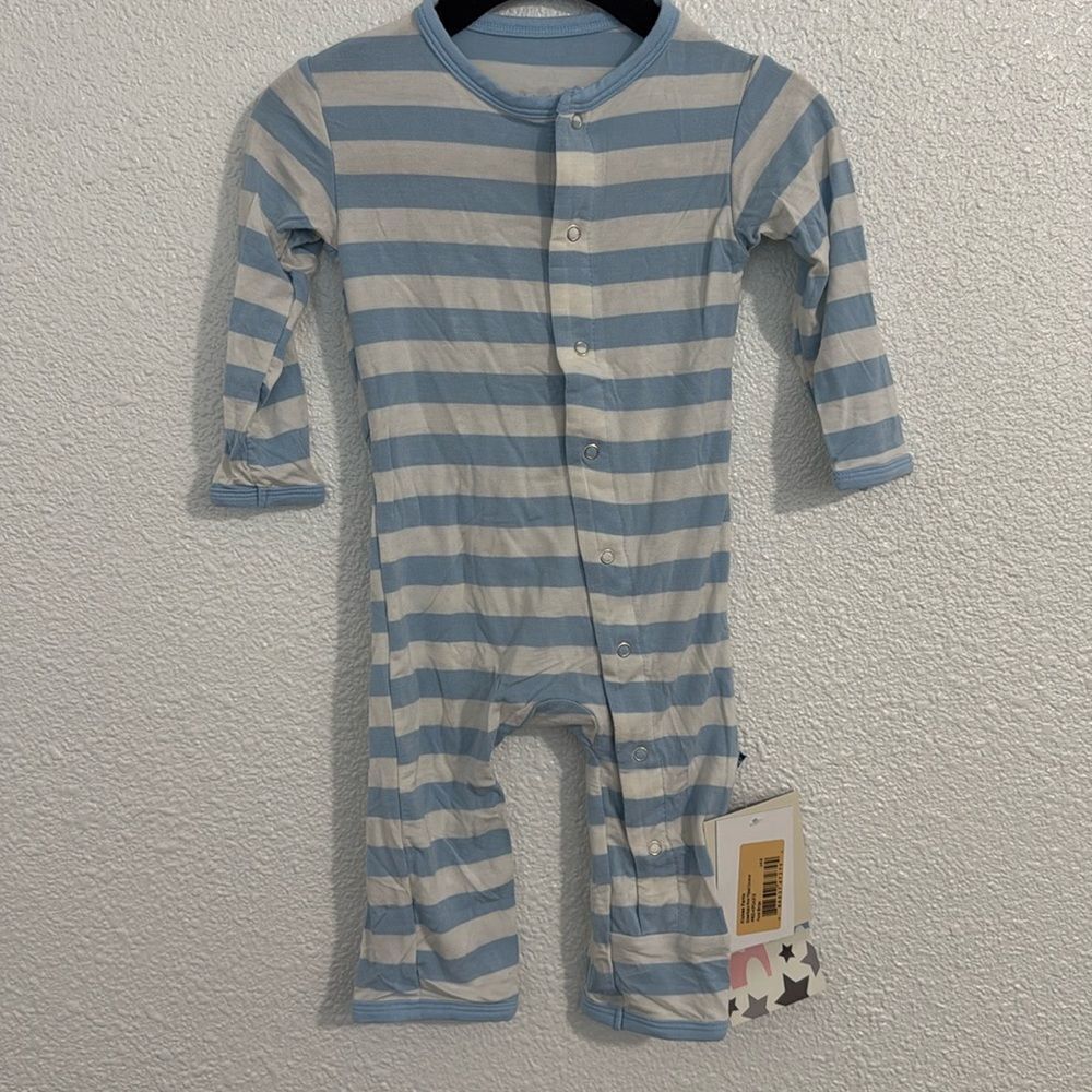 NWT- Kickee pants- bamboo soft blue and white striped one-piece- Size 3-6 months